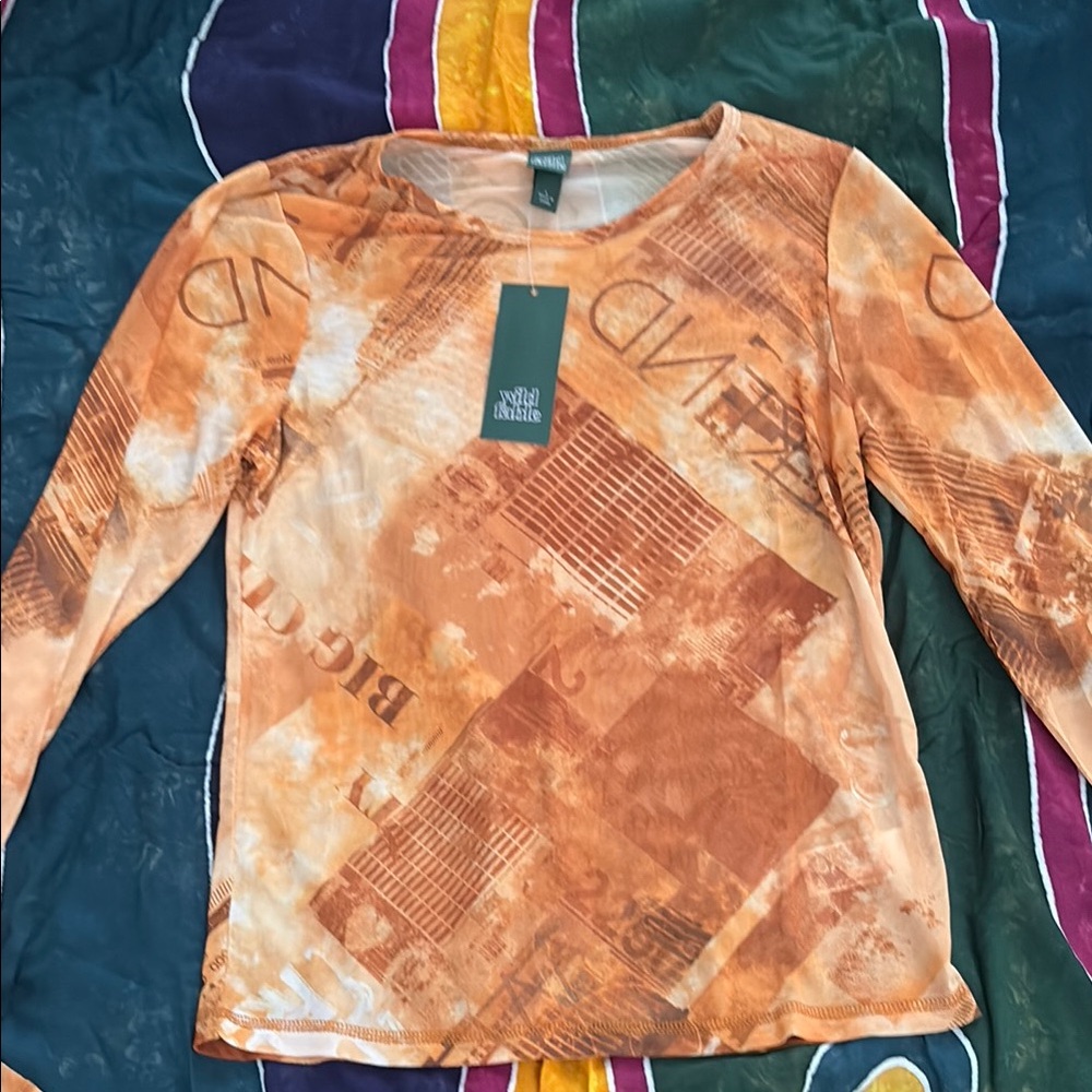 Wild Fable Sheer Orange Graphic Long Sleeve Top